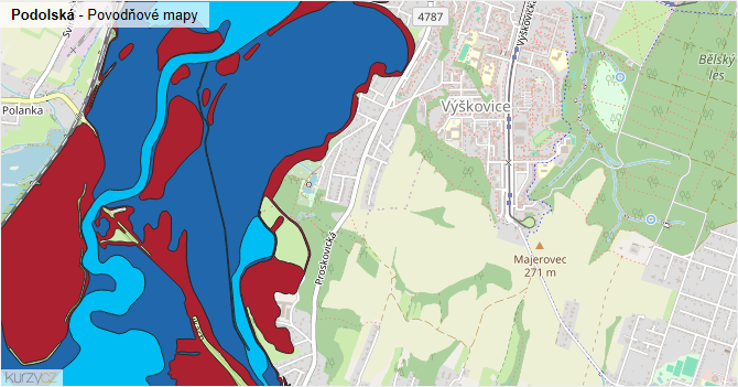 Podolská - záplavové mapy stoleté vody