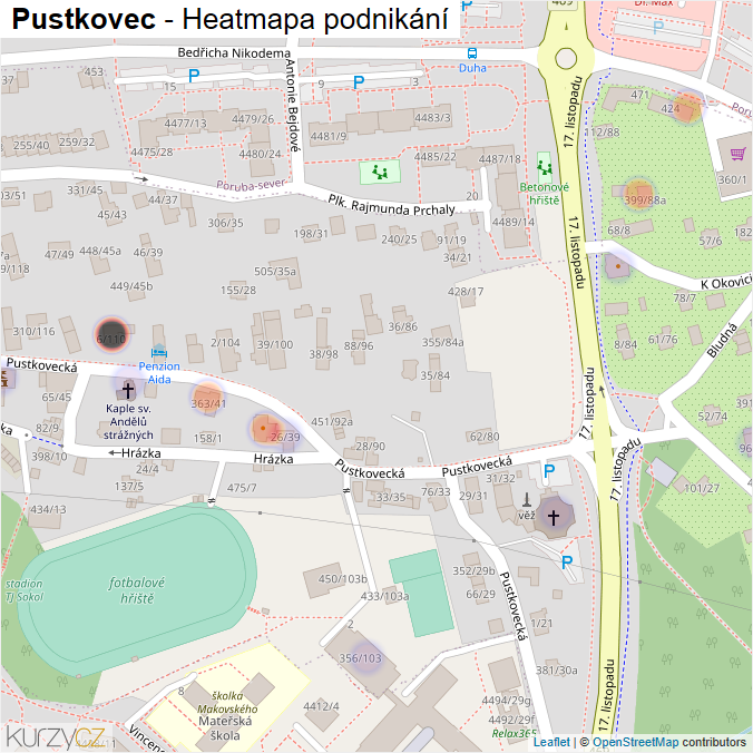 Mapa Pustkovec - Firmy v městské části.