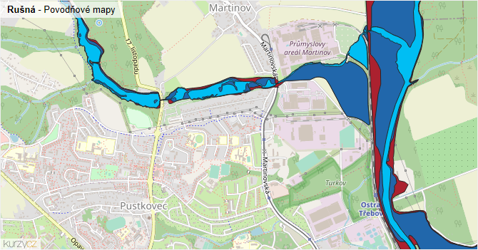 Rušná - záplavové mapy stoleté vody