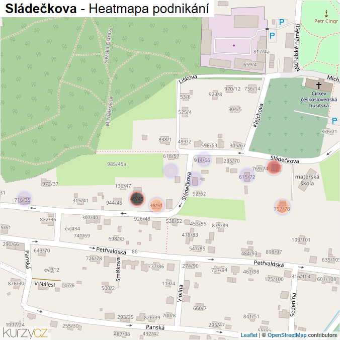 Mapa Sládečkova - Firmy v ulici.