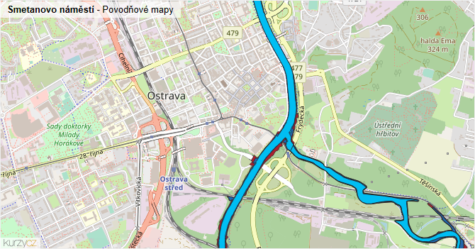 Smetanovo náměstí - záplavové mapy stoleté vody