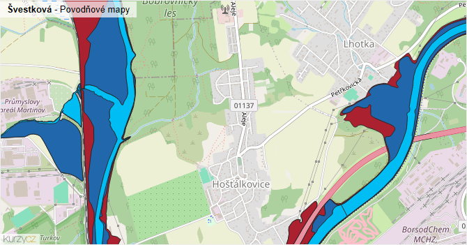 Švestková - záplavové mapy stoleté vody