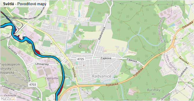 Světlá - záplavové mapy stoleté vody
