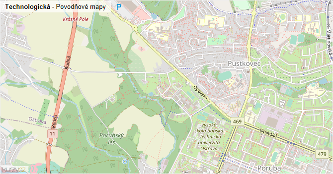 Technologická - záplavové mapy stoleté vody