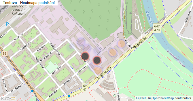 Teslova - mapa podnikání