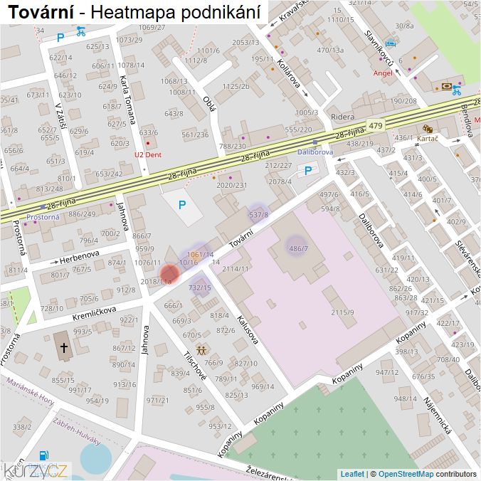 Mapa Tovární - Firmy v ulici.