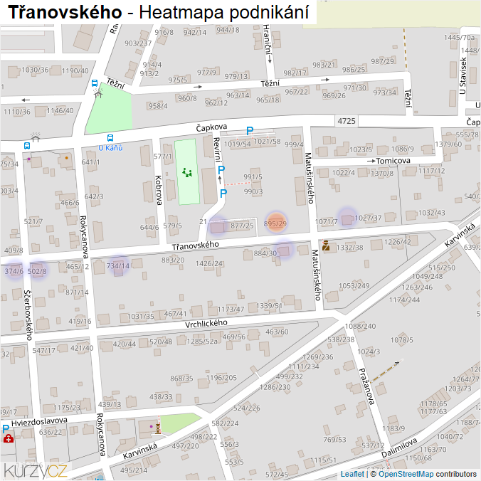 Mapa Třanovského - Firmy v ulici.