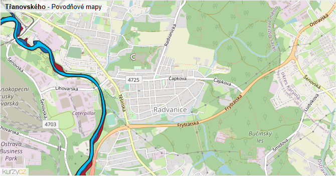 Třanovského - záplavové mapy stoleté vody