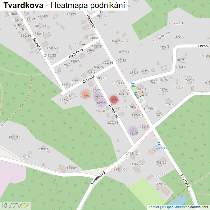 Mapa Tvardkova - Firmy v ulici.