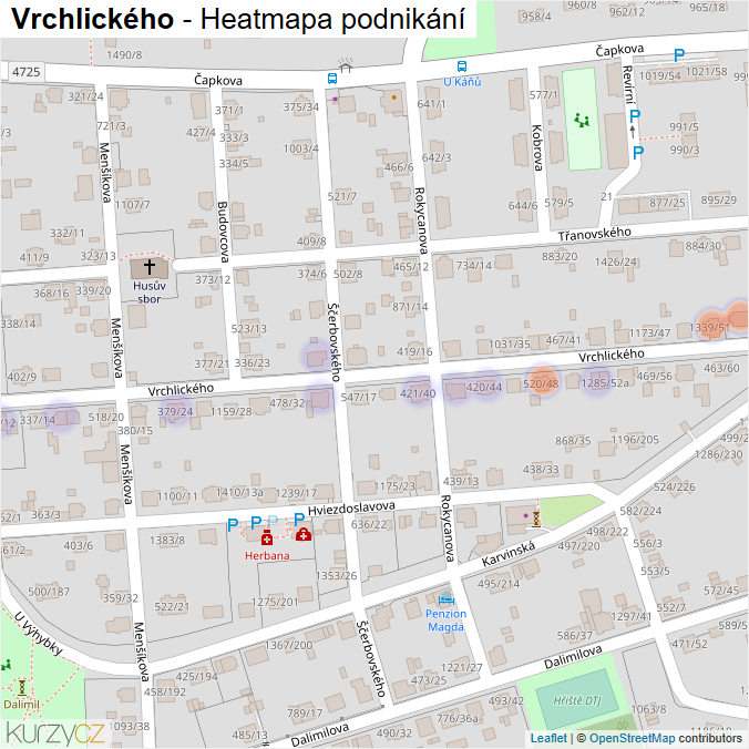 Mapa Vrchlického - Firmy v ulici.