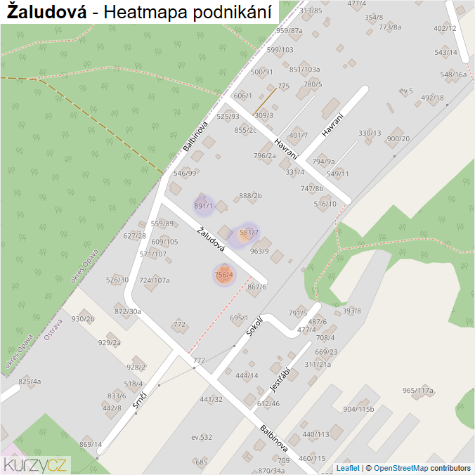 Mapa Žaludová - Firmy v ulici.