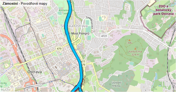Zámostní - záplavové mapy stoleté vody