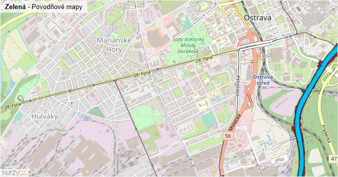 Zelená - záplavové mapy stoleté vody