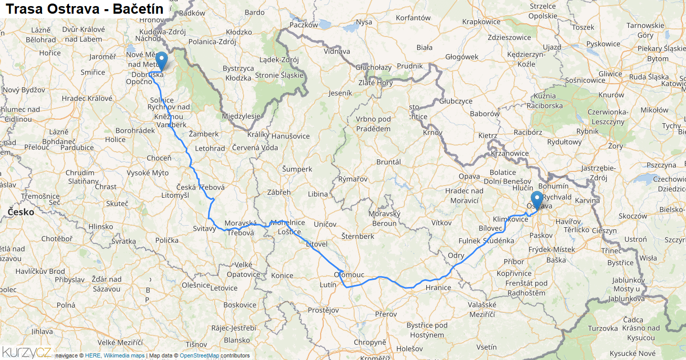 Ostrava-Bačetín, mapa trasy