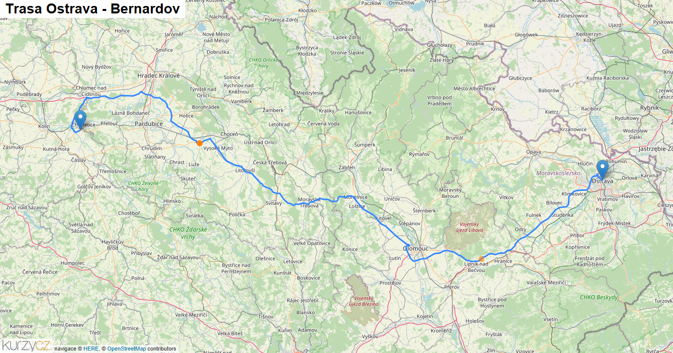Ostrava-Bernardov, mapa trasy