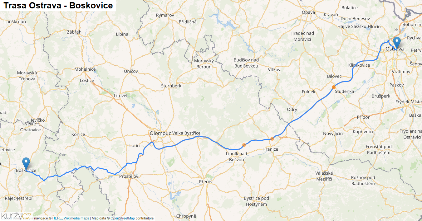 Ostrava-Boskovice, mapa trasy