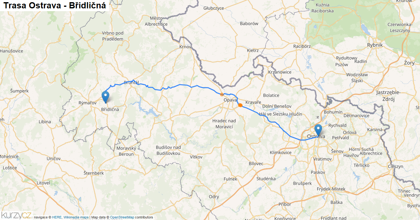 Ostrava-Břidličná, mapa trasy