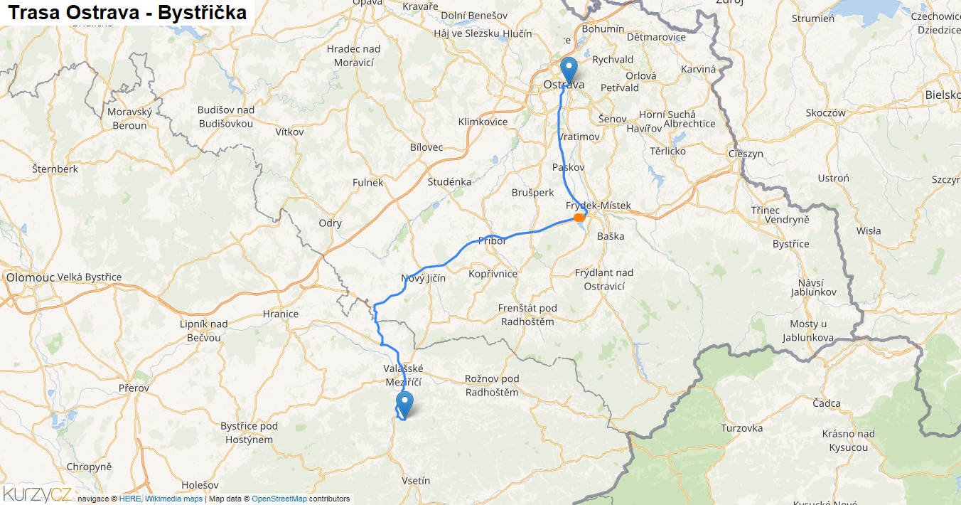 Ostrava-Bystřička, mapa trasy