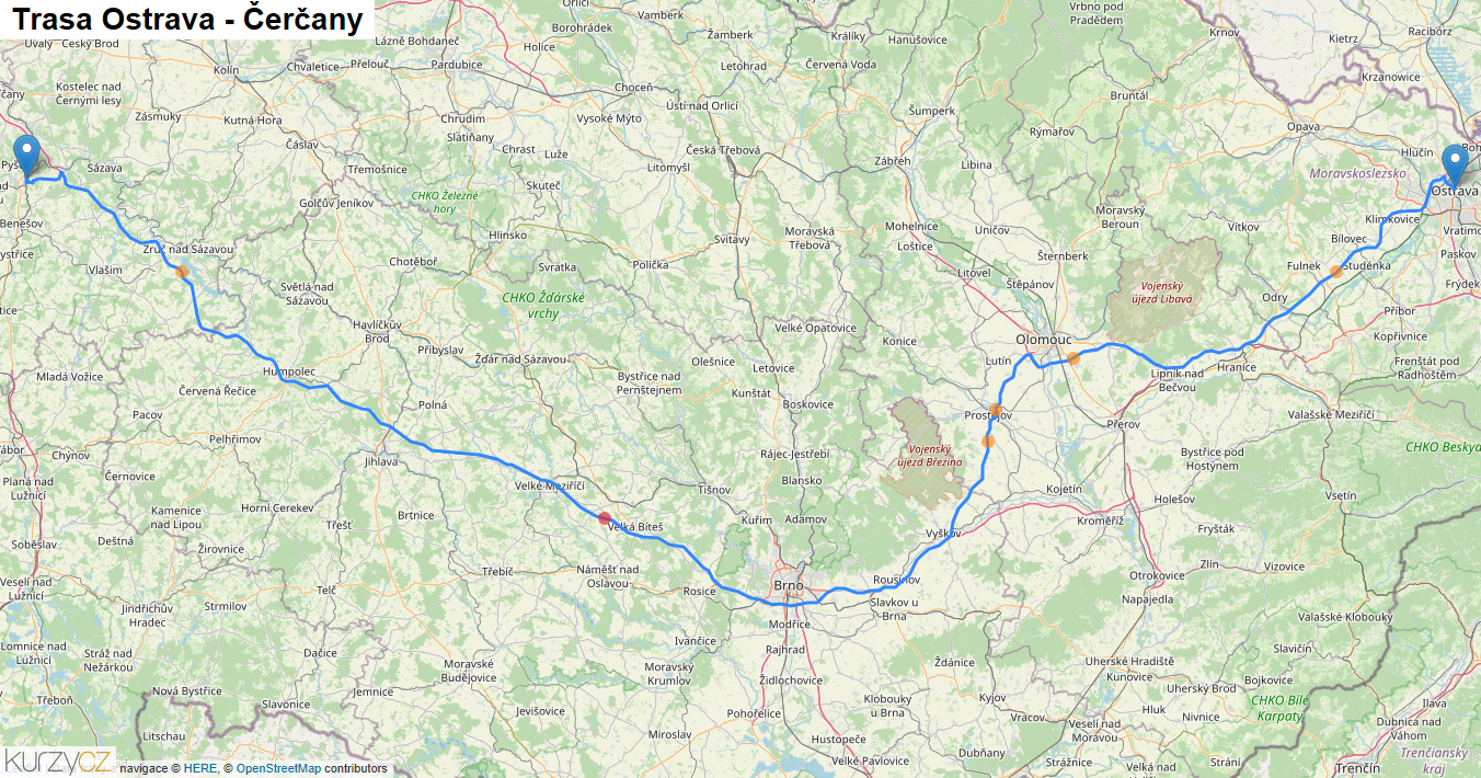 Ostrava-Čerčany, mapa trasy
