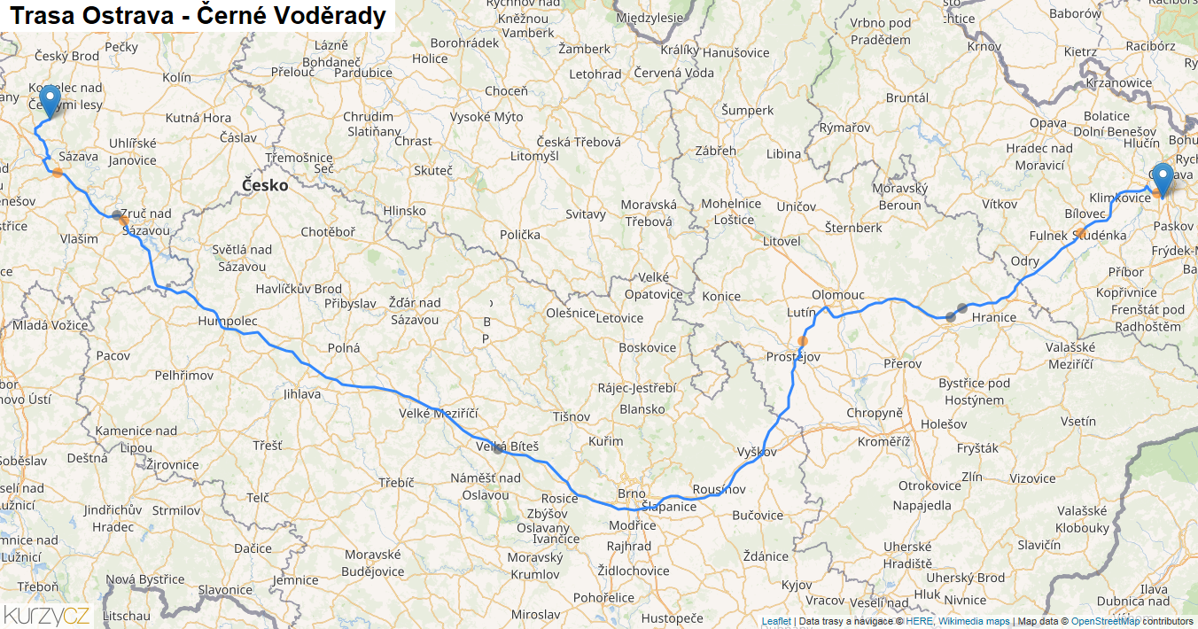 Ostrava-Černé Voděrady, mapa trasy