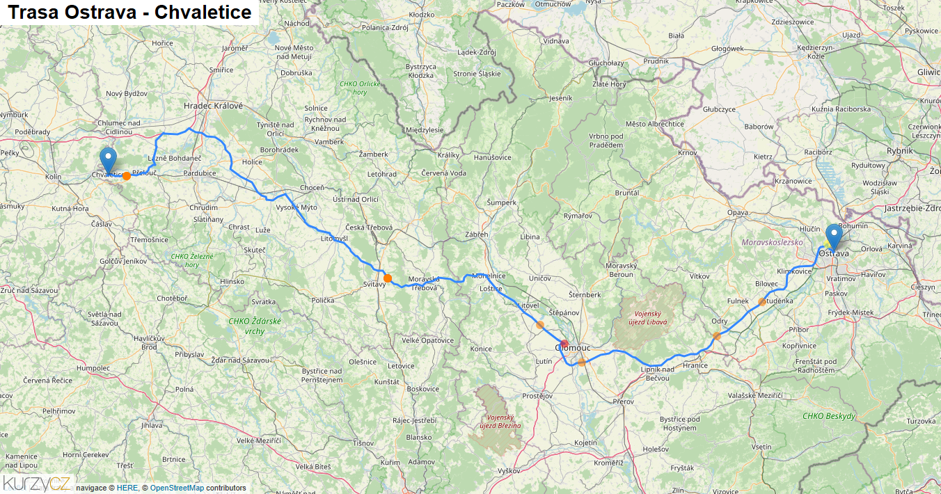 Ostrava-Chvaletice, mapa trasy