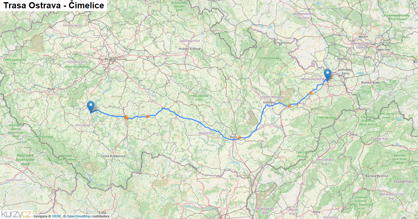 Ostrava-Čimelice, mapa trasy