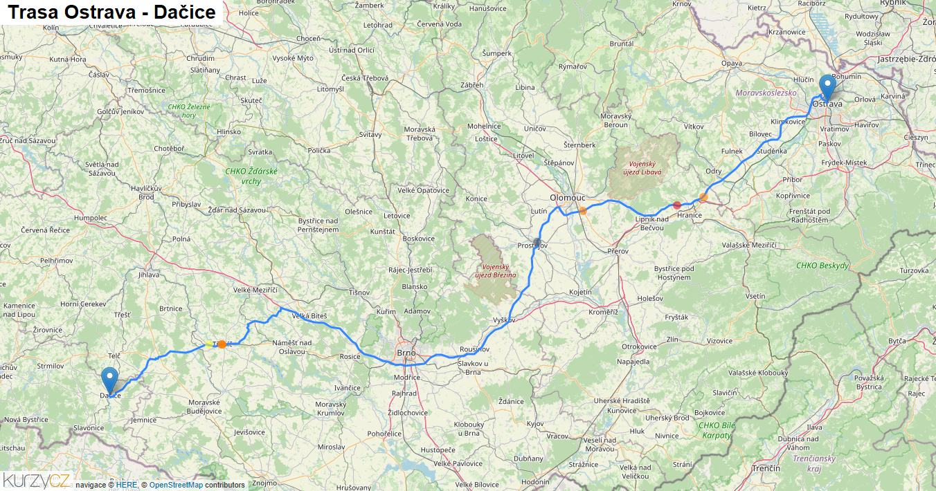 Ostrava-Dačice, mapa trasy