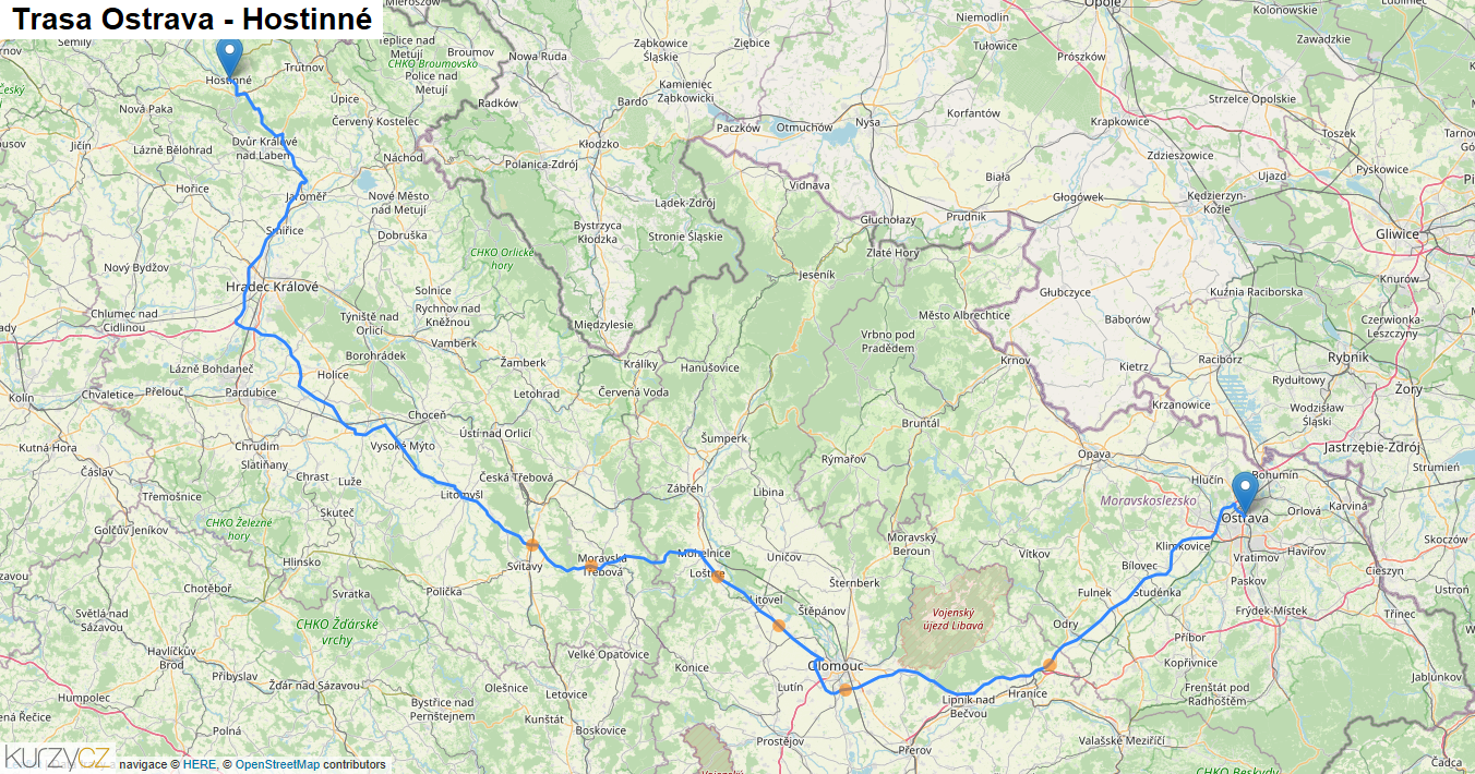 Ostrava-Hostinné, mapa trasy