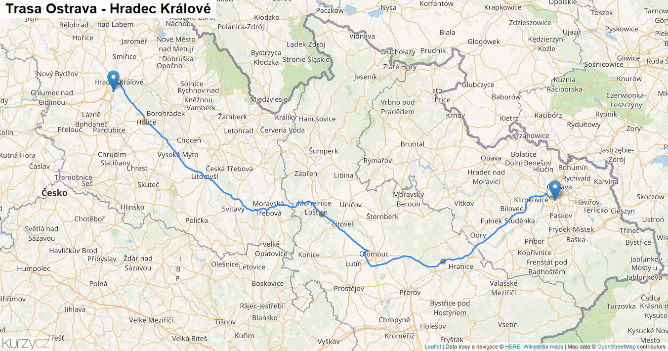 Ostrava-Hradec Králové, mapa trasy