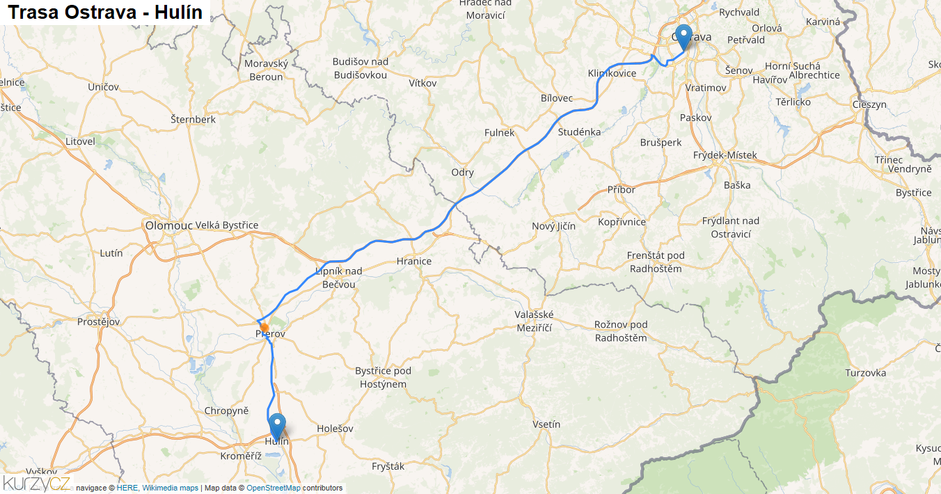 Ostrava-Hulín, mapa trasy