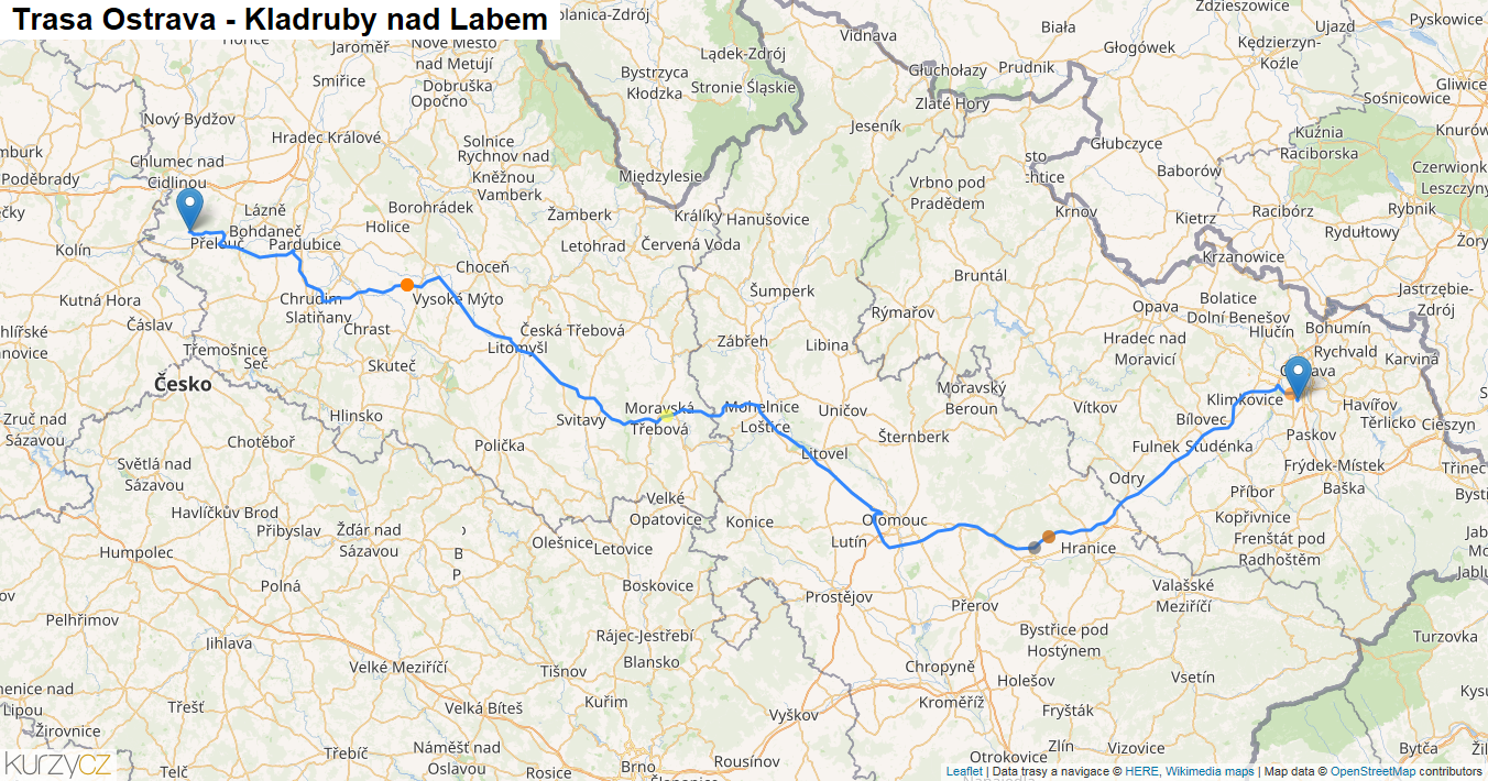 Ostrava-Kladruby nad Labem, mapa trasy
