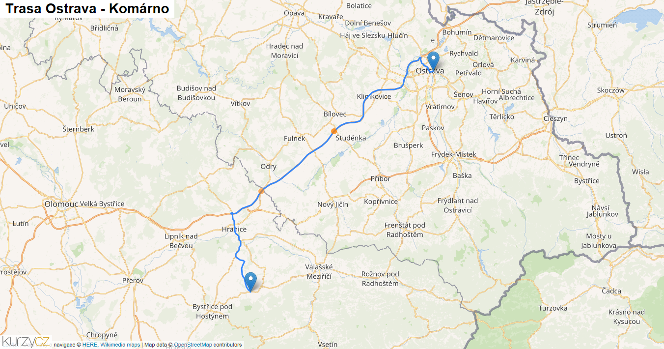 Ostrava-Komárno, mapa trasy