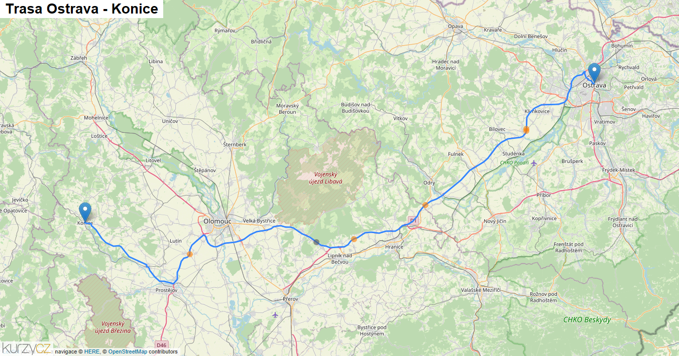 Ostrava-Konice, mapa trasy