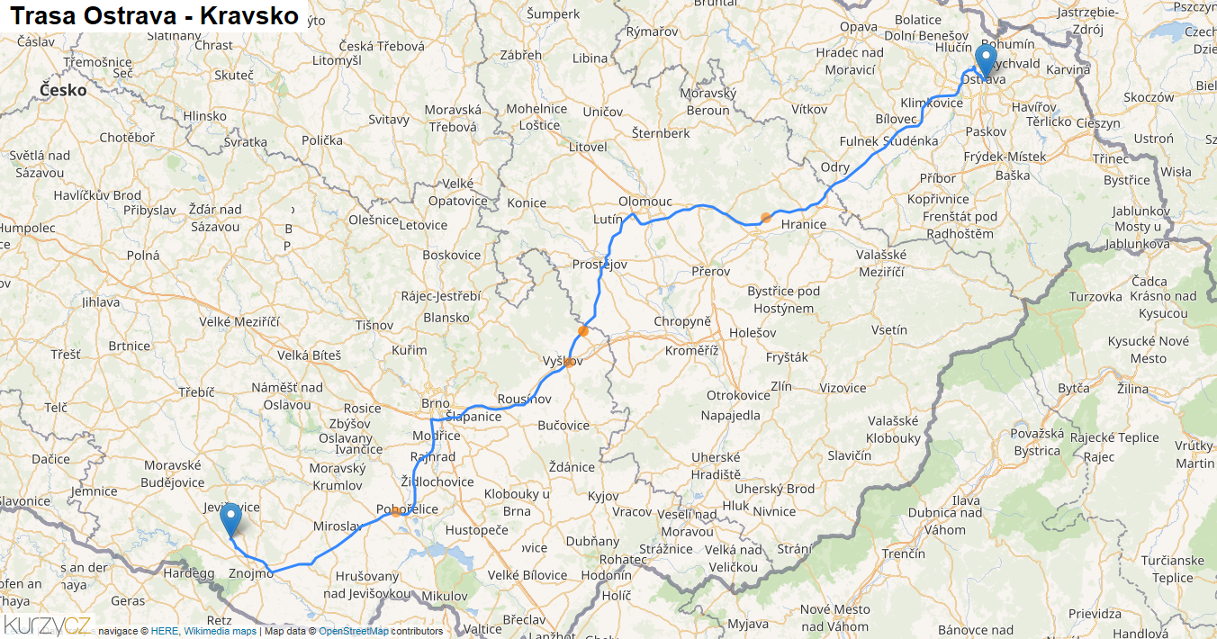 Ostrava-Kravsko, mapa trasy