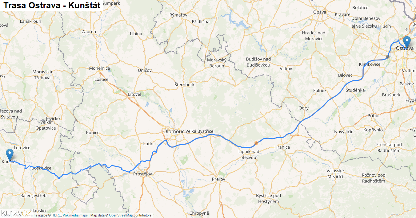 Ostrava-Kunštát, mapa trasy