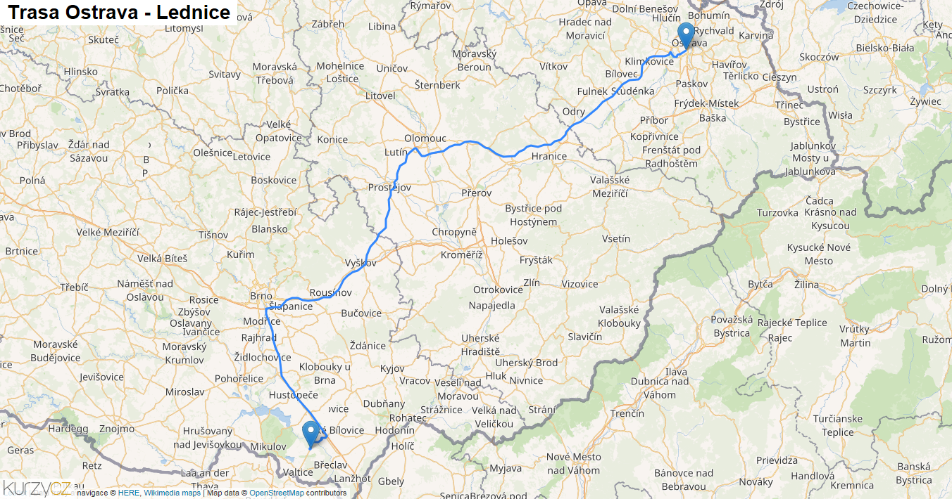 Ostrava-Lednice, mapa trasy