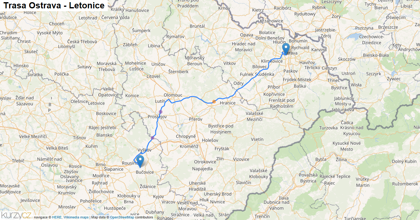 Ostrava-Letonice, mapa trasy