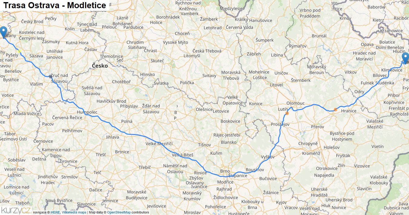 Ostrava-Modletice, mapa trasy