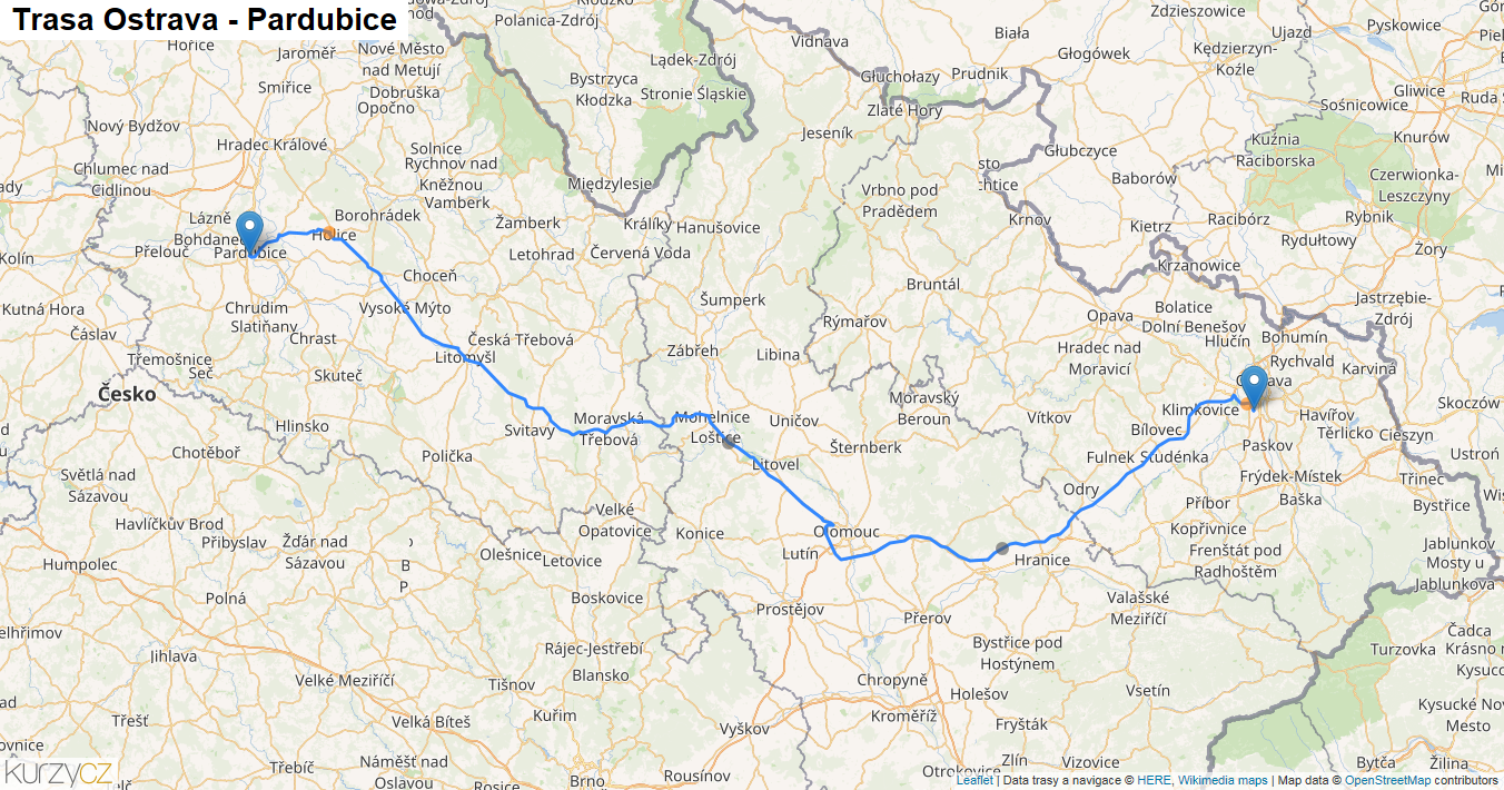 Ostrava-Pardubice, mapa trasy