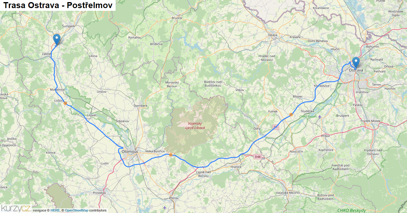Ostrava-Postřelmov, mapa trasy