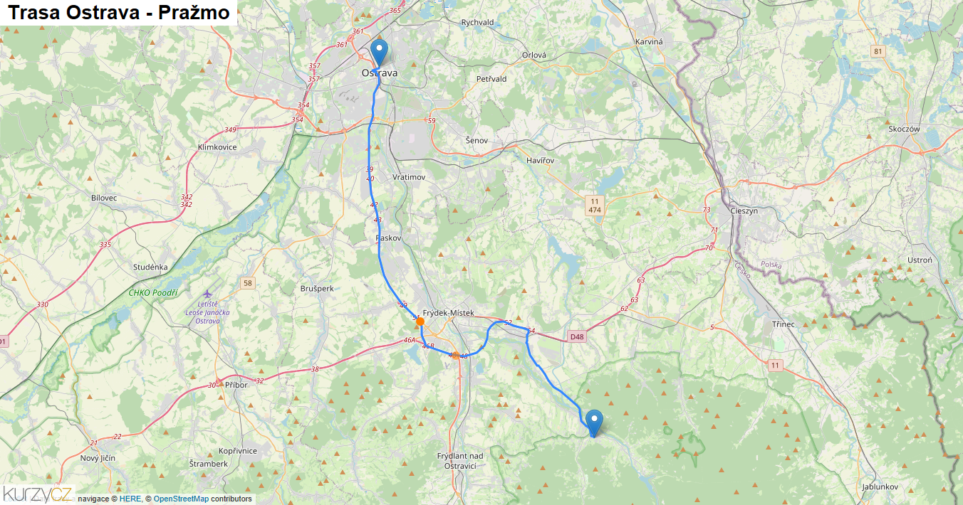 Ostrava-Pražmo, mapa trasy