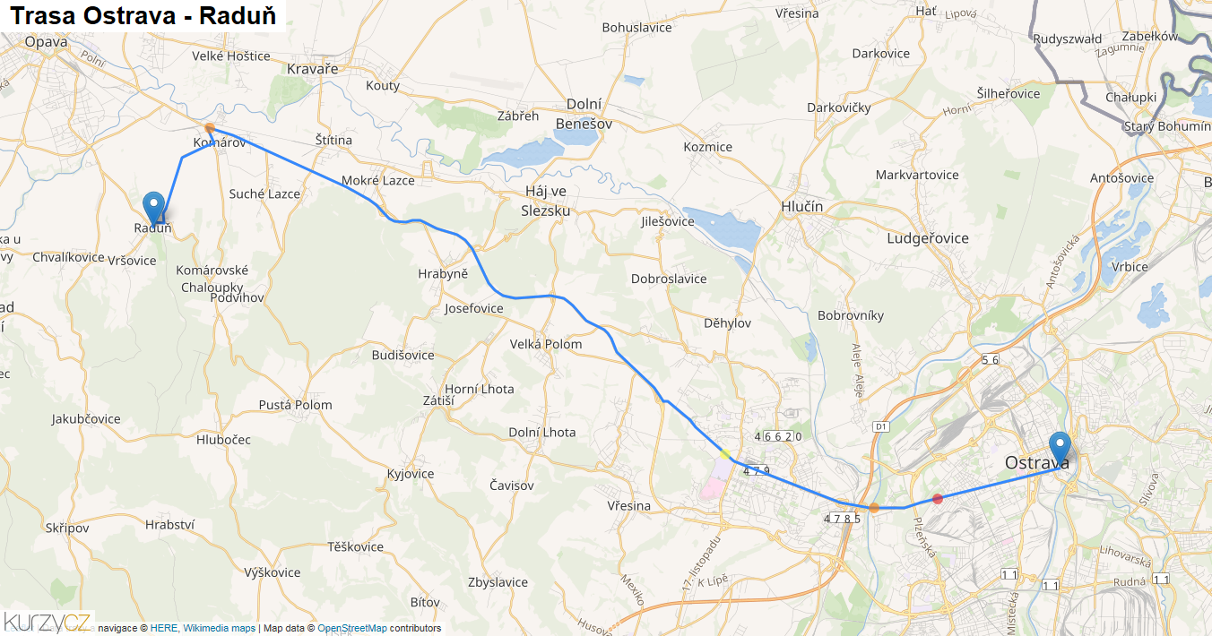 Ostrava-Raduň, mapa trasy