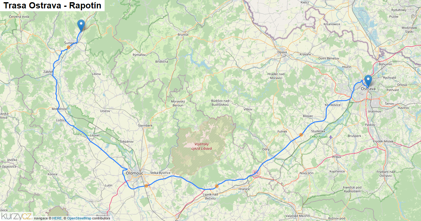 Ostrava-Rapotín, mapa trasy