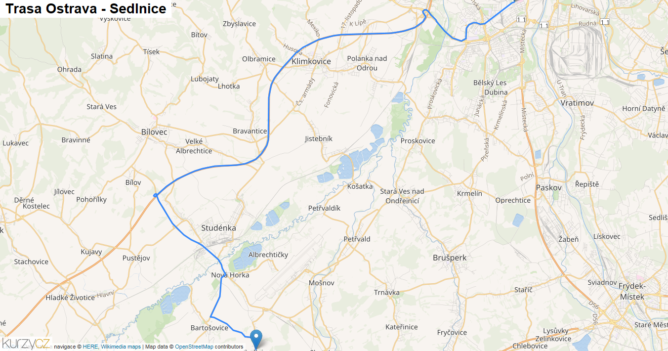 Ostrava-Sedlnice, mapa trasy