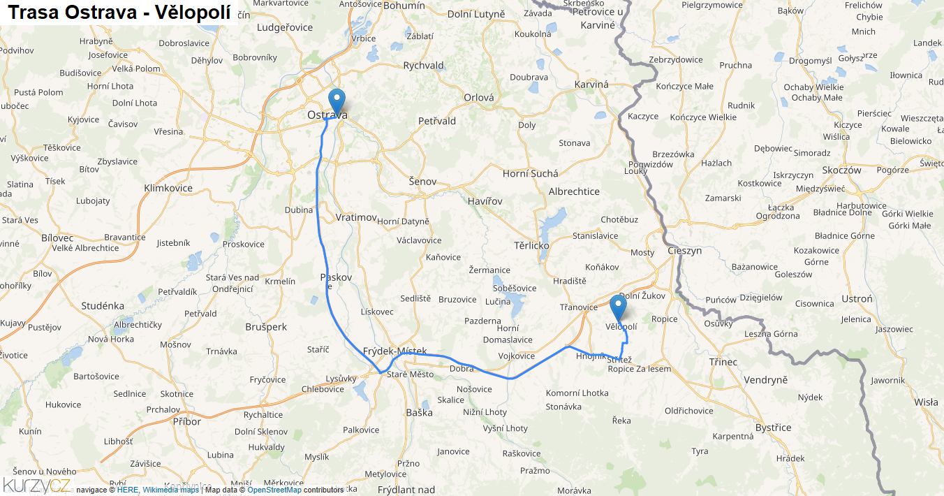 Ostrava-Vělopolí, mapa trasy