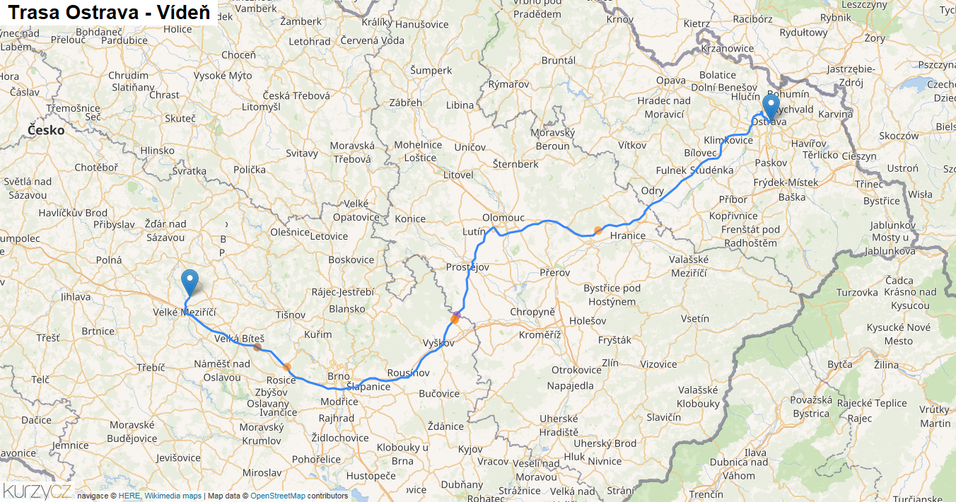 Ostrava-Vídeň, mapa trasy