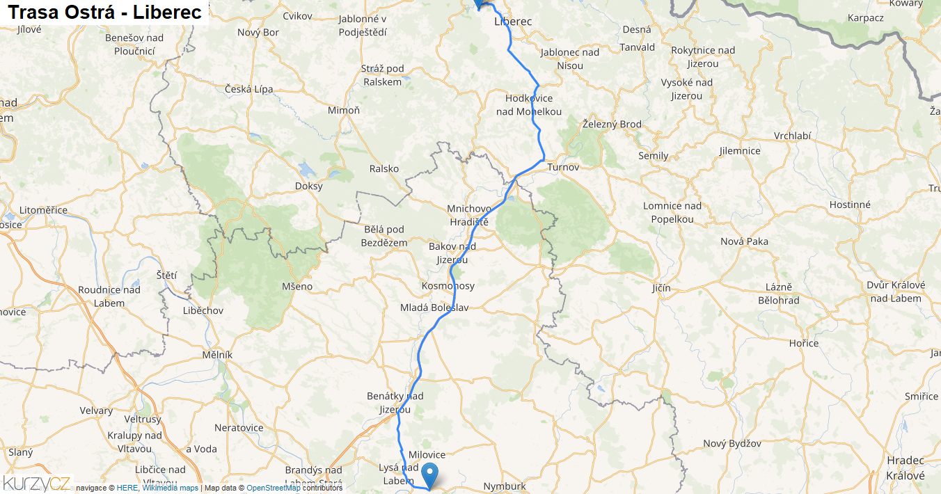 Ostrá-Liberec, mapa trasy