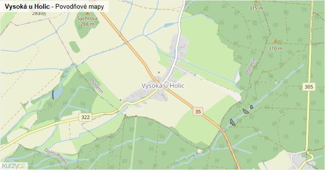Vysoká u Holic - záplavové mapy stoleté vody
