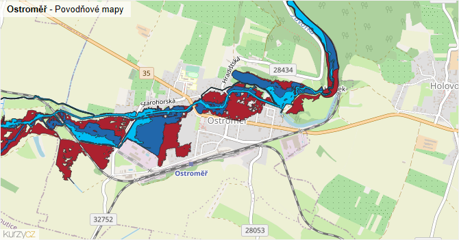 Ostroměř - záplavové mapy stoleté vody