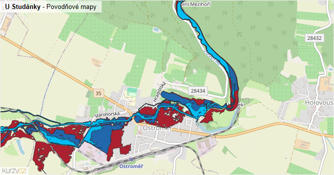 U Studánky - záplavové mapy stoleté vody
